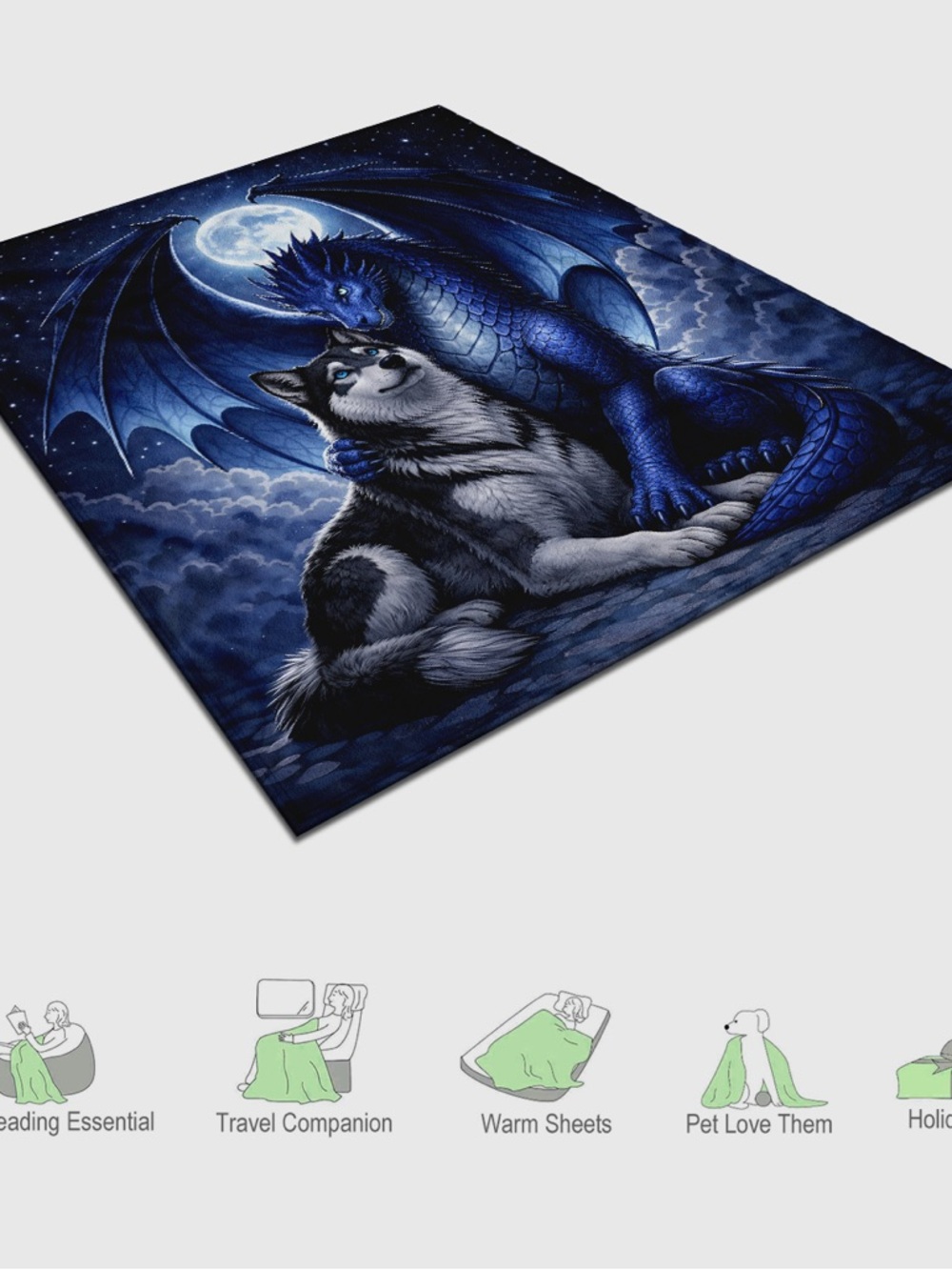 Mystic Blue Dragon & Husky Fleece Throw Blanket - Picture 6 of 6